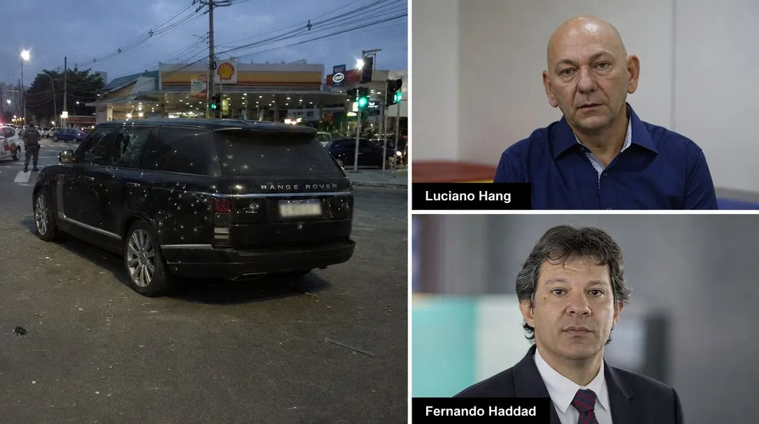 O carro alvejado de Hang em frente à megaloja Havan, com retratos de Luciano Hang e Fernando Haddad