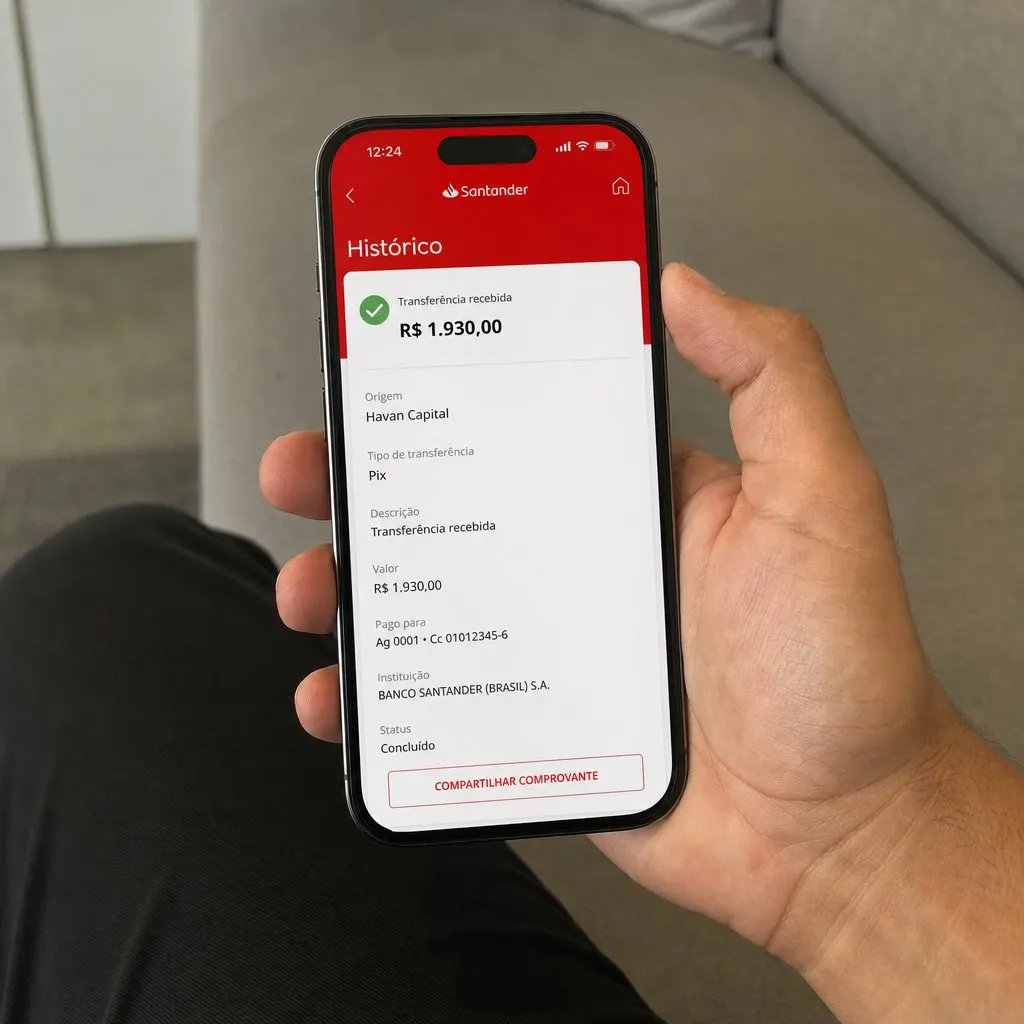 Comprovante Santander — transferência recebida da Wealthicator
